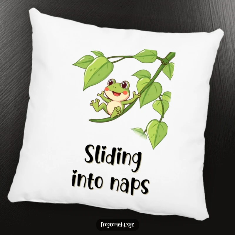 Funny pillow with a delighted frog sliding down a long, leafy vine, offering cozy jungle vibes.