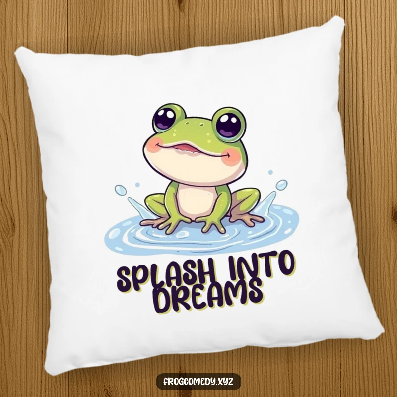 Funny pillow with a happy frog character splashing in a puddle, eyes wide with amusement.