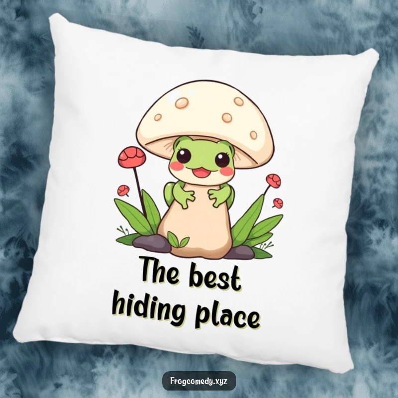 Funny Kawaii Frog Pillow: Soft cushion featuring a cute Kawaii frog peeking from behind a mushroom, offering comfort and whimsical charm.