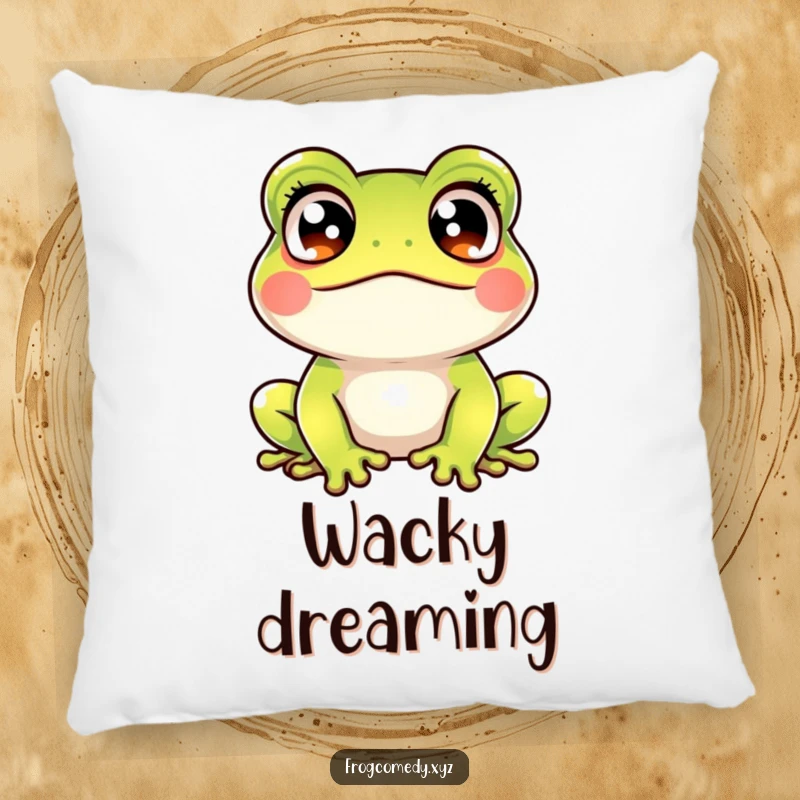 Funny kawaii frog crossed eyes pillow featuring a cute amphibian with crossed eyes, offering comfort with a hilariously startled and amused look.