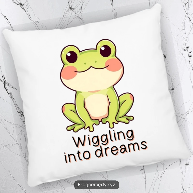 Funny pillow with a frog featuring rosy cheeks doing a happy wiggle, offering cozy, cheerful vibes.