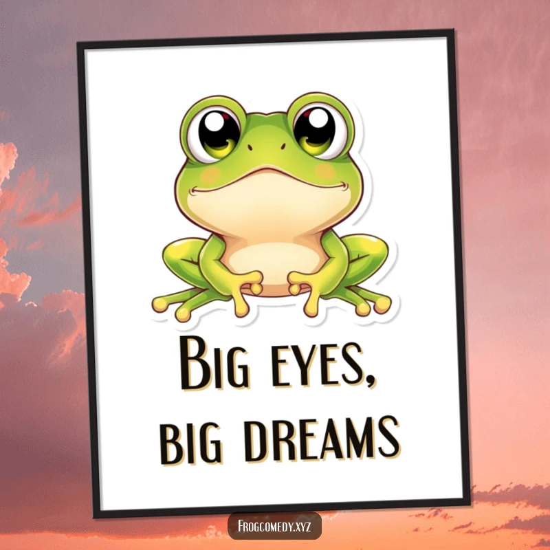Funny kawaii frog digital art print of a frog with large, sparkling eyes looking upwards in a captivating state of wide-eyed amazement.