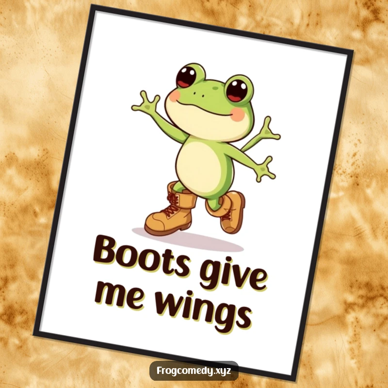 Funny Kawaii frog in oversized boots, joyfully leaping, presented as a high-resolution digital art print for instant humor.