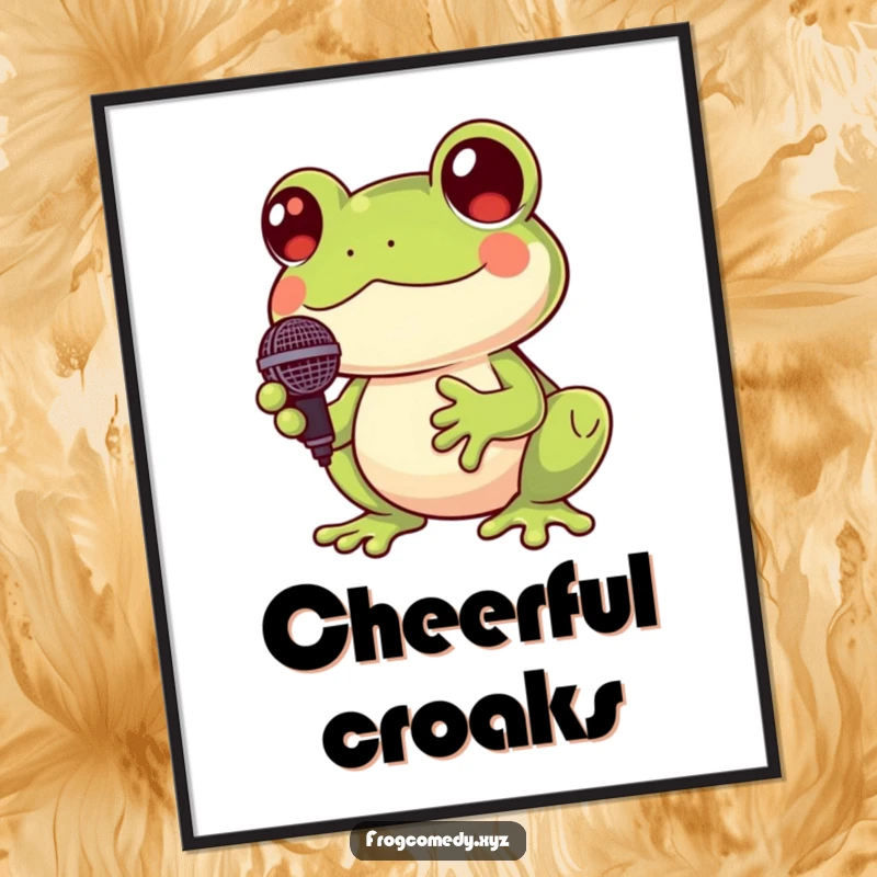 Funny Kawaii frog digital art print of a cute frog holding a miniature microphone and croaking cheerfully, full of joy.