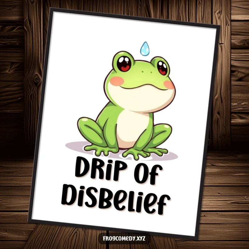 Funny Kawaii frog digital art print of a frog surprised by a raindrop, perfect for instant relatable and humorous decor.