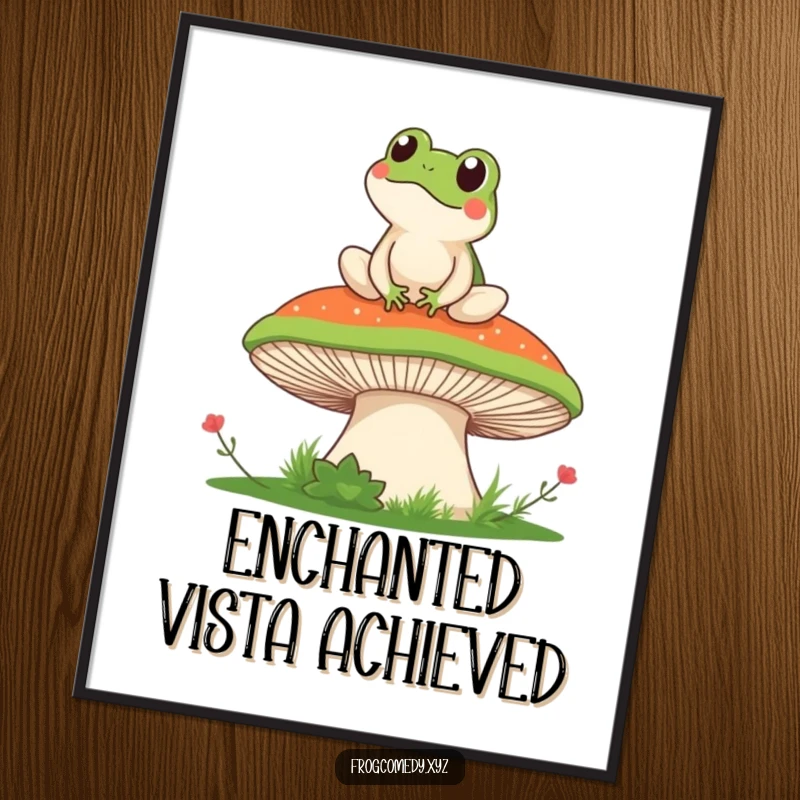 Funny digital art print of a cute kawaii frog perched on a mushroom, appreciating a serene, funny landscape, ideal for instant wall decor.