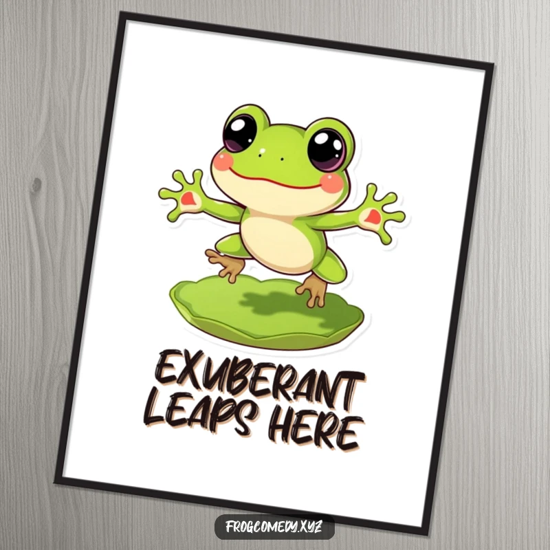 Funny Frog Digital Art Print: A cheerful frog with big eyes leaping exuberantly from a lily pad, full of life.