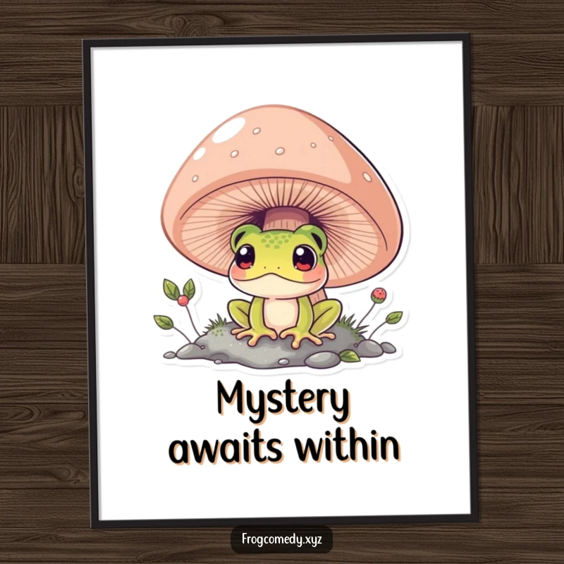 Funny curious frog peeking from under a large mushroom, digital illustration, printable wall art, humorous gift for art lovers.