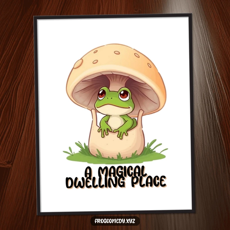 Funny digital art print of a curious frog peeking from a large, hollowed-out mushroom.