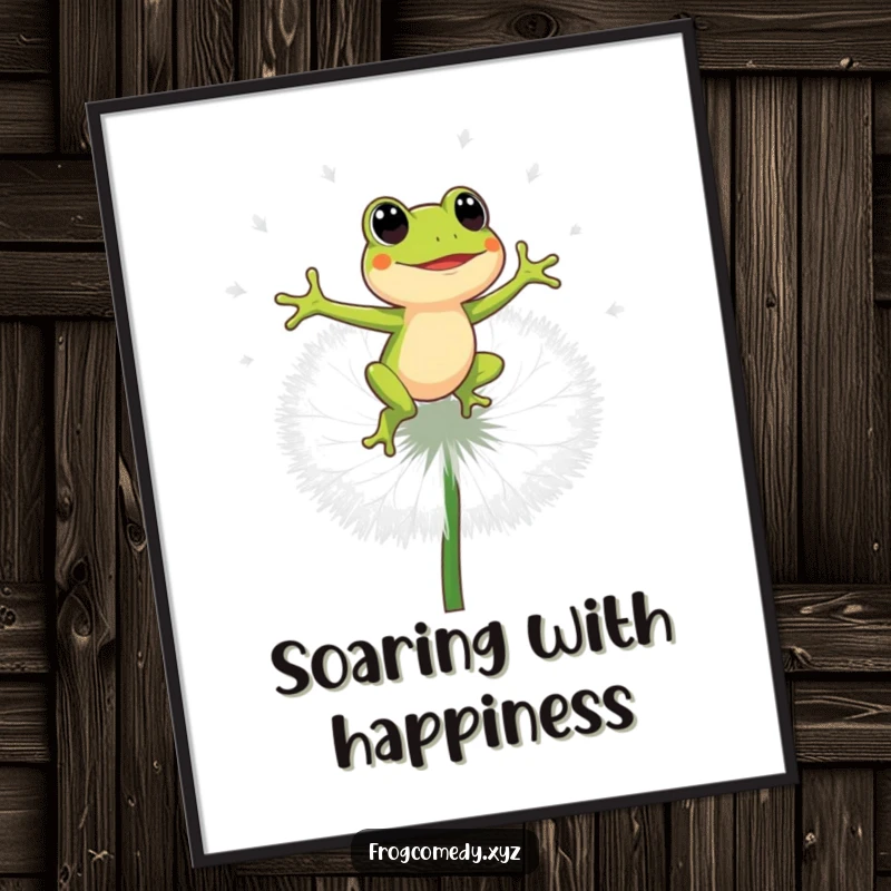 Funny energetic frog bouncing on a giant dandelion puff, digital illustration, printable wall art, humorous gift for art lovers.
