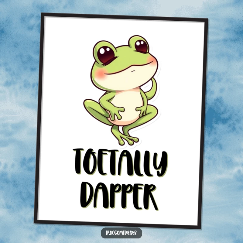 Funny frog balancing on one toe with a mischievous wink, high-resolution digital art print for instant humor.