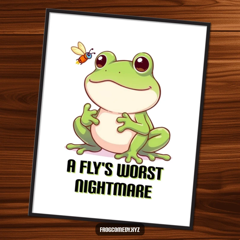 Funny frog digital art, a grinning frog catching a fly, downloadable artwork for instant humorous cheer.