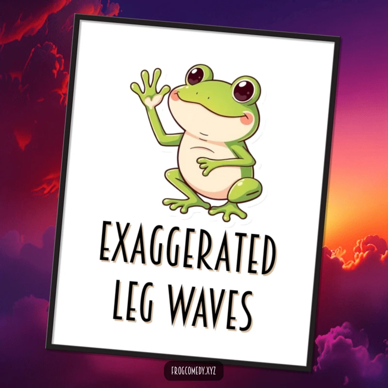 Funny digital art print of a frog giving an exaggerated wave with its long legs, perfect for humorous decor.