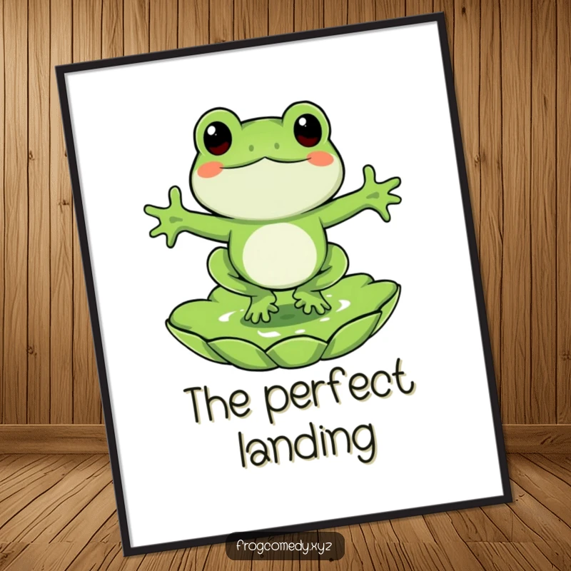 Funny frog digital art, a happy frog jumping onto a lily pad, downloadable artwork for instant pond cheer.