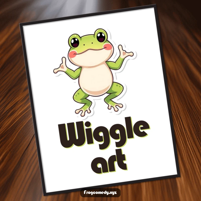 Funny frog digital art print of a happy amphibian performing a silly wiggle dance, adding humor to any room.