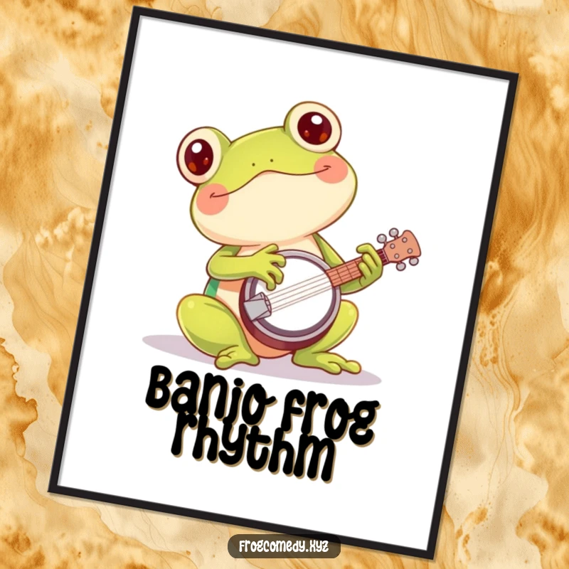 Funny kawaii frog banjo digital art print of a cute amphibian playing a tiny banjo with great enthusiasm, perfect for lively decor.