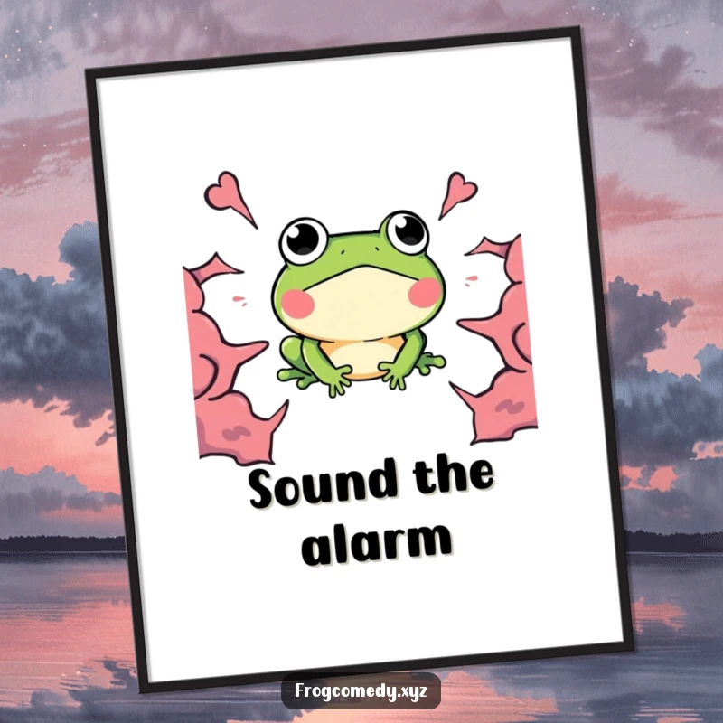 Funny Kawaii Frog Digital Art Print, a frog surprised by a boom, instant downloadable art with humor.