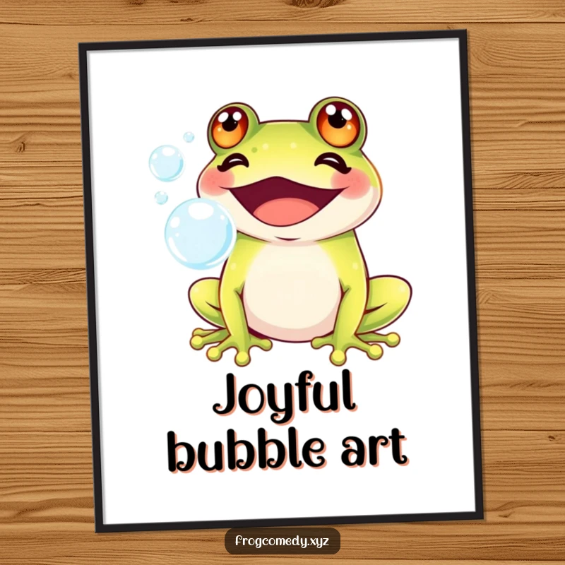 Funny Kawaii frog with a big grin blowing iridescent bubbles, rendered as digital art, perfect for instant download and cute humor.