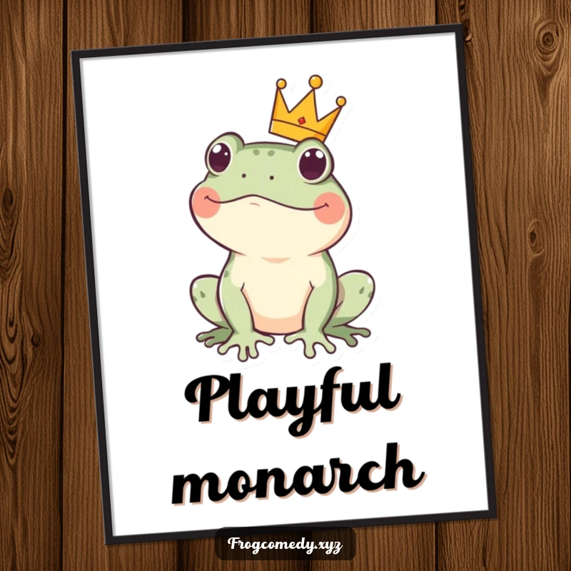 Funny kawaii frog crown digital art print of a cute amphibian wearing a tiny crown, looking regal but playful, perfect for charming decor.