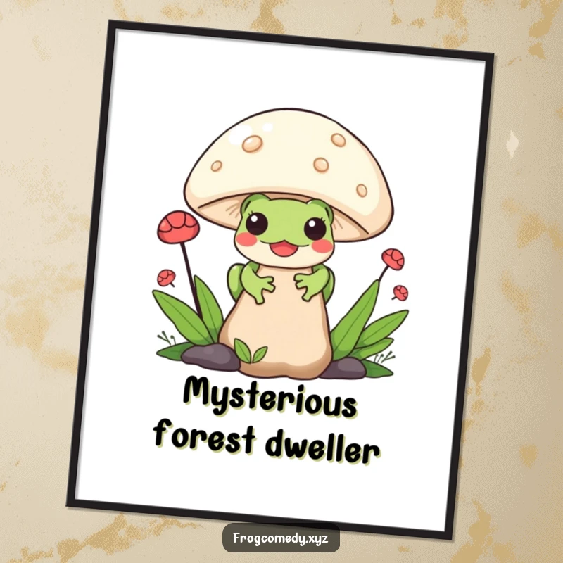 Funny Kawaii Frog Digital Art Print: High-resolution artwork of a Kawaii frog peeking from behind a mushroom, perfect for digital display or printing.