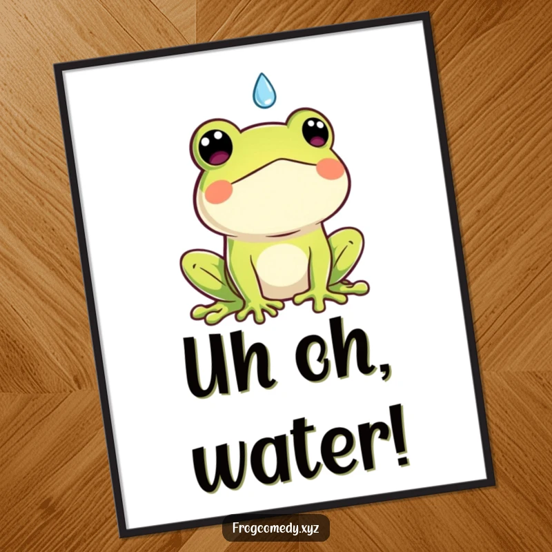 Funny Kawaii frog digital art print, illustration of a surprised frog reacting to a falling raindrop, downloadable humorous art.