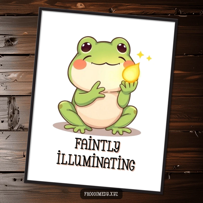 Funny kawaii frog digital art print, showing a shy frog offering a glowing firefly with gentle eyes, offering calm decor.