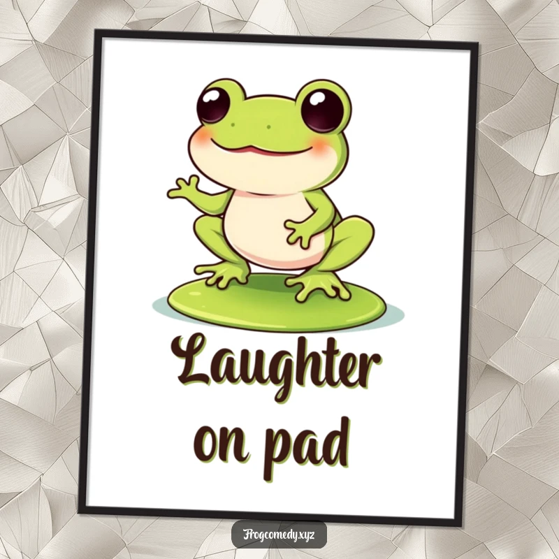 Funny Kawaii frog wobbling with laughter on a lily pad, rendered as digital art, perfect for instant download and hilarious humor.