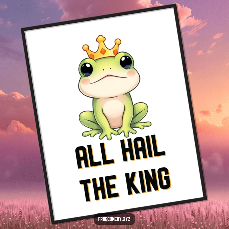 Funny regal frog king digital art print of a crowned amphibian, offering a majestic and humorous visual for sophisticated home or office decor.