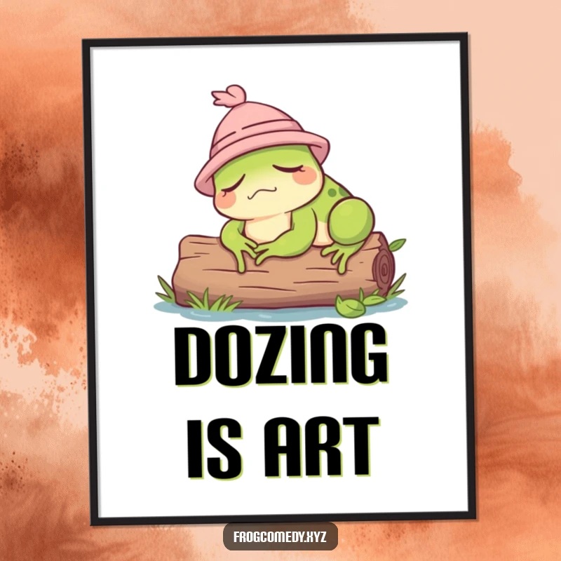 Funny digital art print of a frog in a tiny hat sleeping on a log.