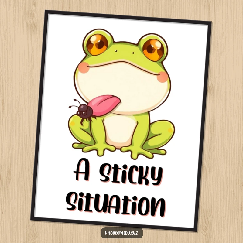 Funny frog with a wide smile, catching a fly with its tongue, as a downloadable digital art print, for humorous decor.