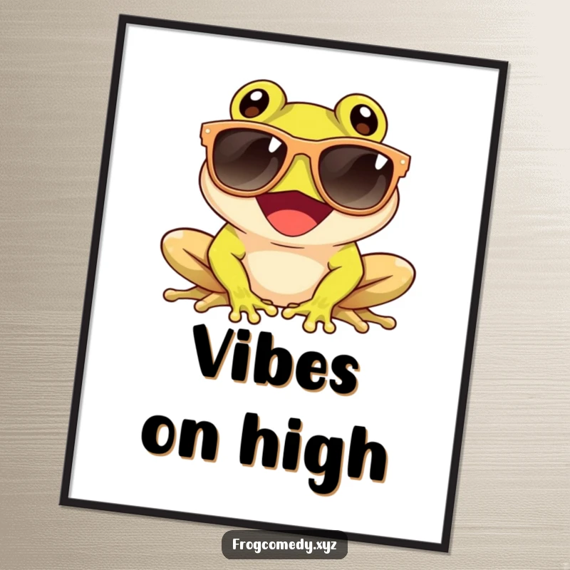 Funny digital art print of a giggling frog wearing sunglasses and enjoying the sun, offering instant cool amphibian decor.