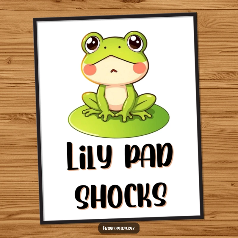 Funny digital art print of a shocked frog on a lily pad, perfect for creating a humorous and eye-catching display.