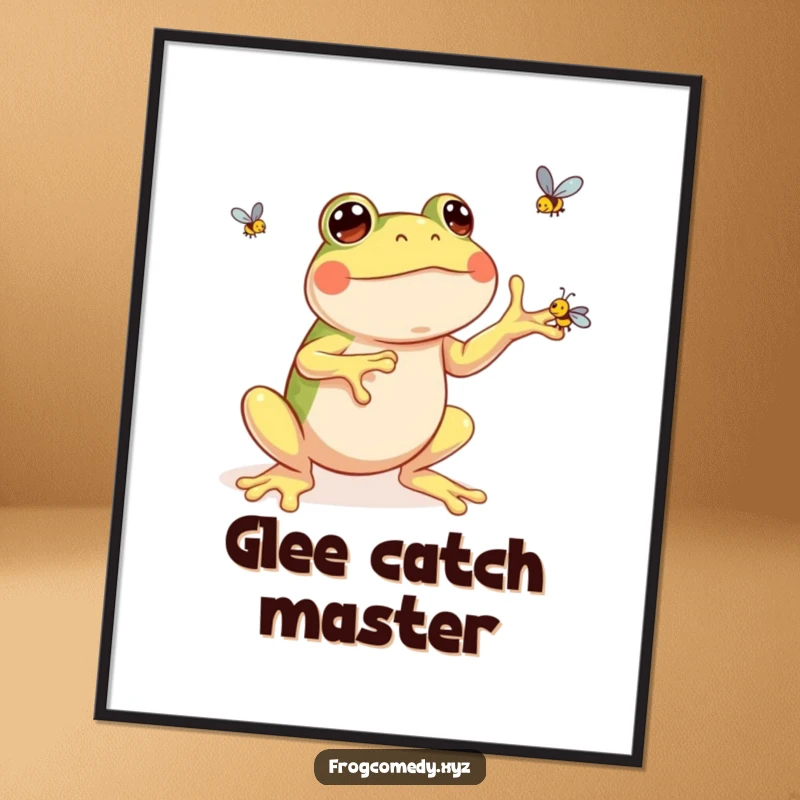 Funny kawaii frog digital art print of a joyful frog juggling three tiny flies with immense concentration and happiness.