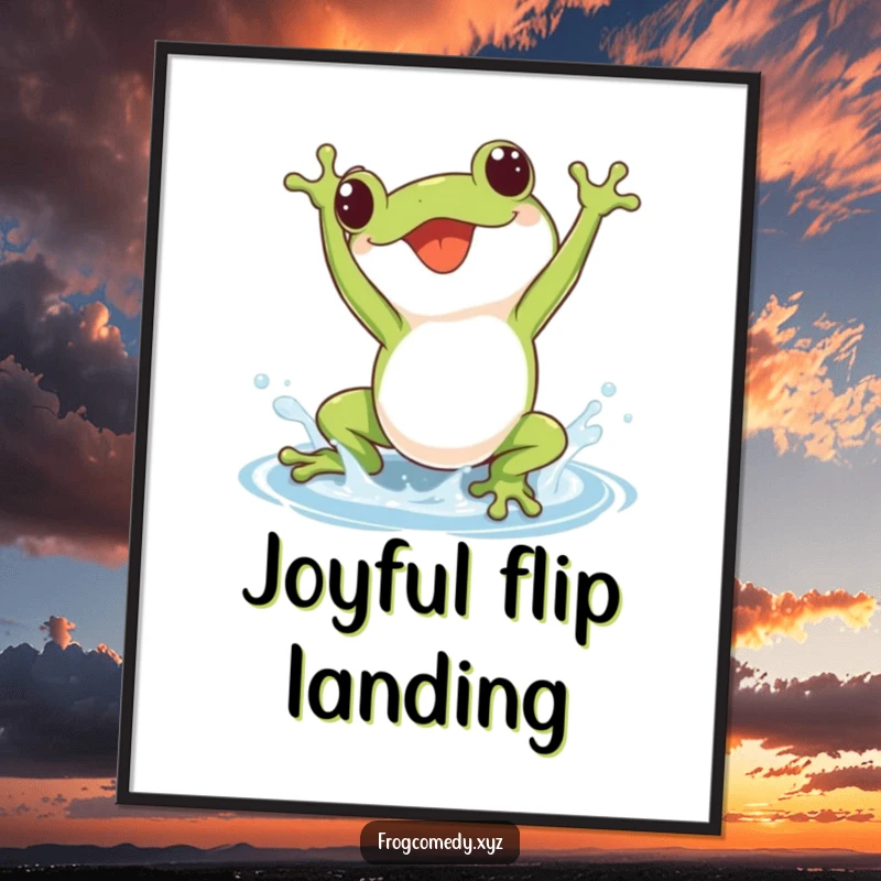 High-quality digital art print of a kawaii frog doing a joyful somersault with a charming splash.