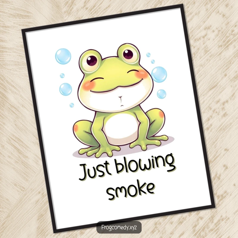 Funny Kawaii frog with a big grin blowing colorful bubbles, presented as a downloadable digital art print for instant cheer.