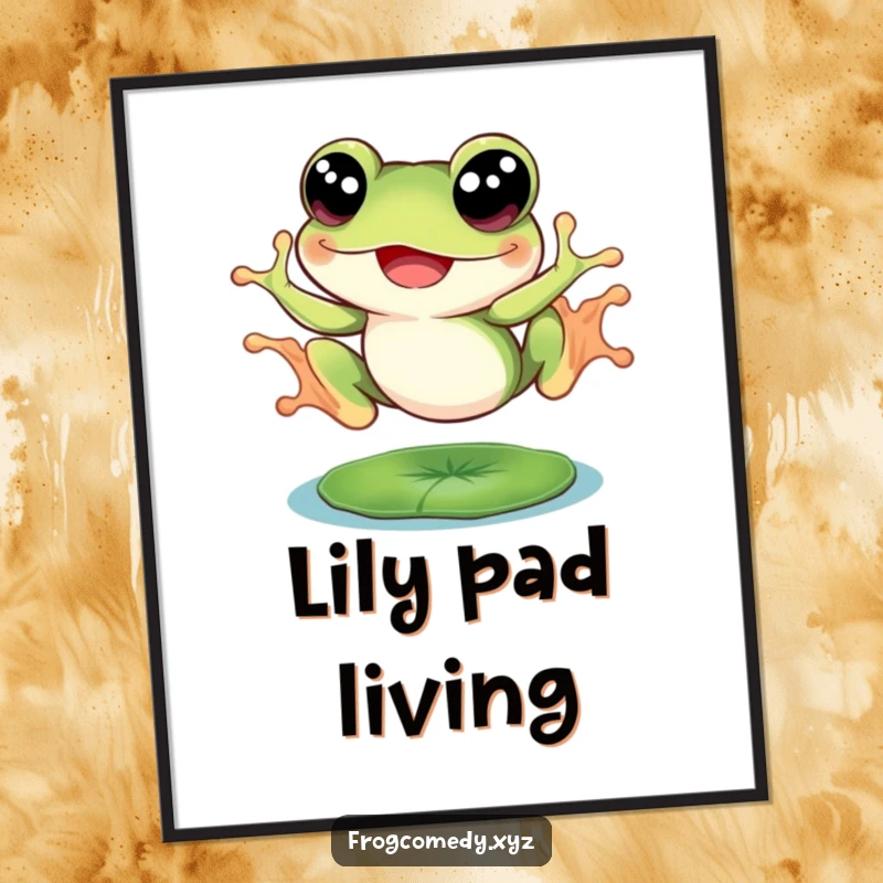 Funny frog with large eyes, joyfully leaping from a lily pad, as a downloadable digital art print, for whimsical decor.