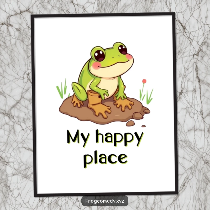 Funny digital art print of a frog wearing boots comically sliding through mud, perfect for instant whimsical decor.