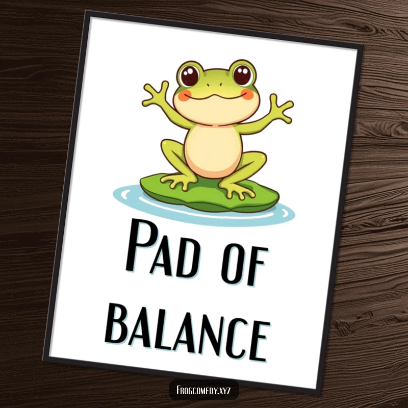 Funny digital art print of a Kawaii stylized frog character comically balancing on a lily pad, offering instant comical decor and a dose of playful charm.