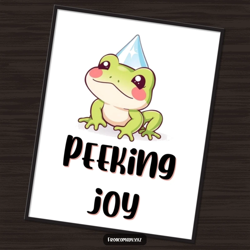 Funny Kawaii frog digital art print of a cute frog peeking from behind a sparkly raindrop, full of playful charm.