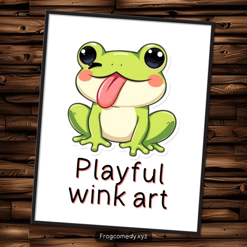 Funny Kawaii frog sticking its tongue out and winking playfully, rendered as digital art, perfect for instant download and cheeky humor.