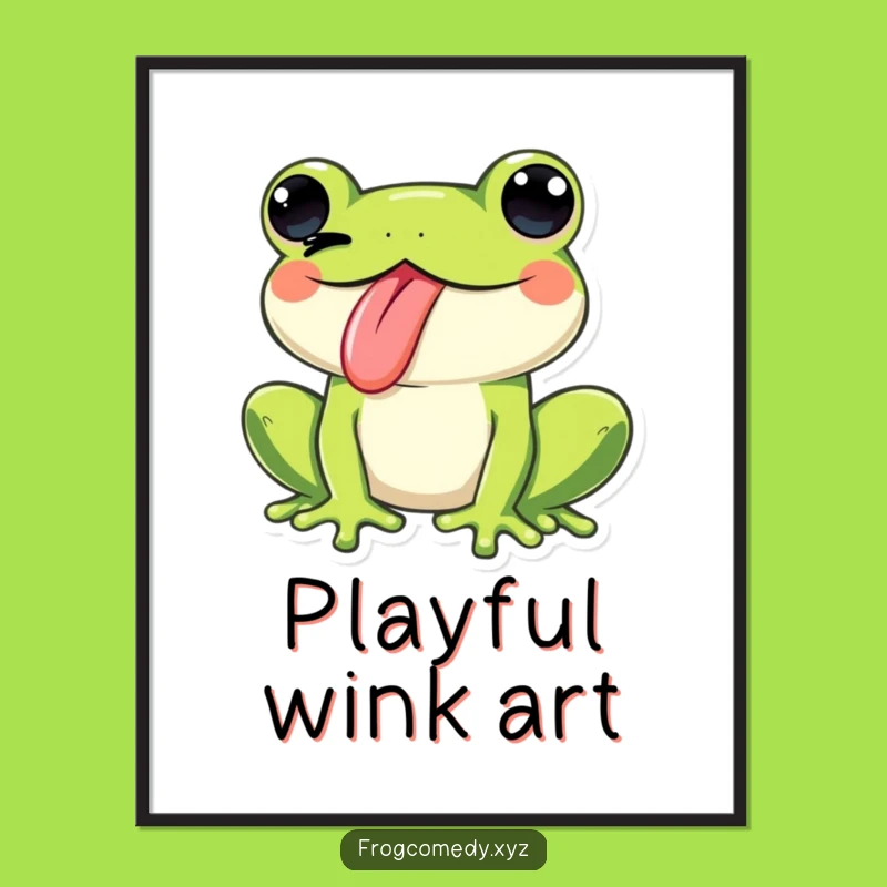 Funny Kawaii Frog Tongue Wink Digital Art: Instant Cheeky Humor, Perfect Gift