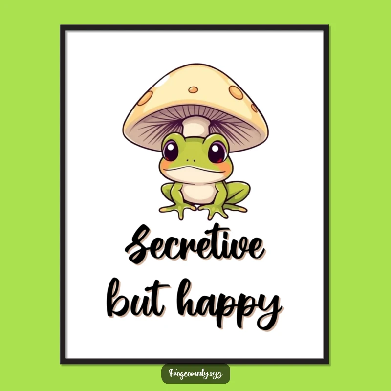 Funny Curious Frog Digital Art Print: Mushroom Peek Gift