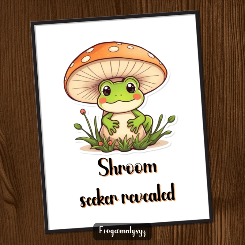 Funny Kawaii frog digital art print of a frog peeking from behind a mushroom, perfect for instant whimsical decor.