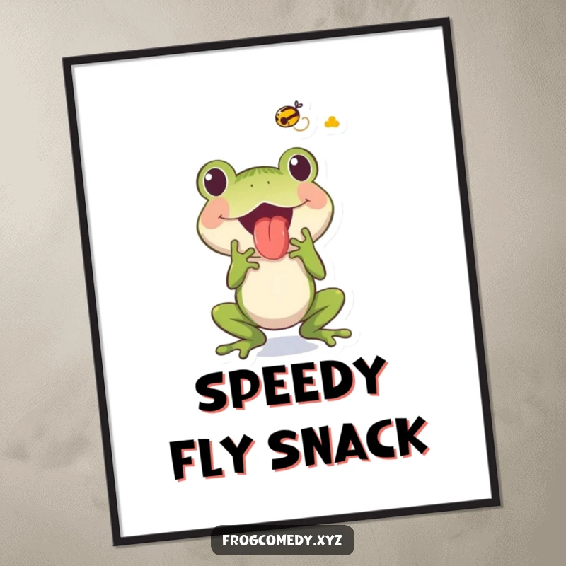 High-resolution digital art print of a funny frog character with its tongue out, excitedly catching a fly.