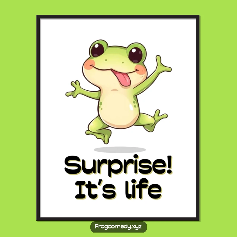 Funny Frog Leap Digital Art: Happy Frog Tongue Out Surprise Jump, Instant Whimsical Decor
