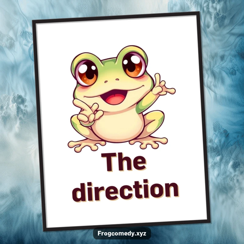 Funny digital art print of an excited frog with bulging eyes, pointing forward energetically, vibrant and humorous artwork.