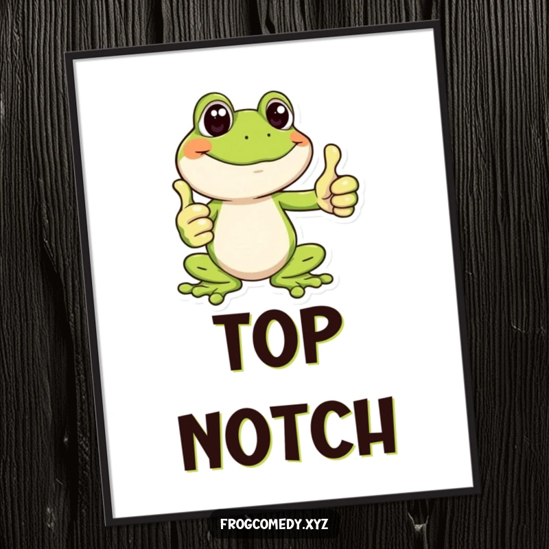 Funny digital art print of a happy frog giving a big thumbs up, radiating joy and positive, funny energy.