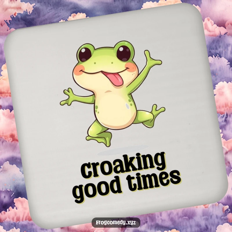 Funny drink coaster featuring a happy frog in a surprise leap with its tongue out, adding amphibian humor to tabletops.