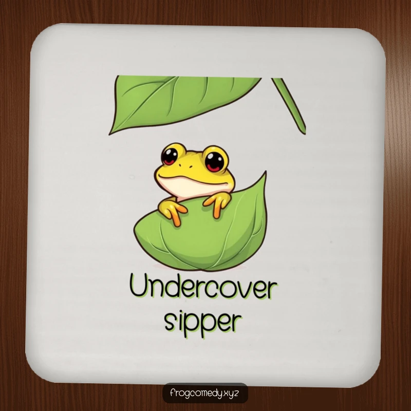 Funny curious frog drink coasters, depicting an amphibian peeking from behind a leaf, protecting furniture with a humorous and natural aesthetic.