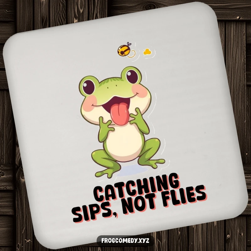 Funny frog character with its tongue out, catching a fly, on a humorous drink coaster.